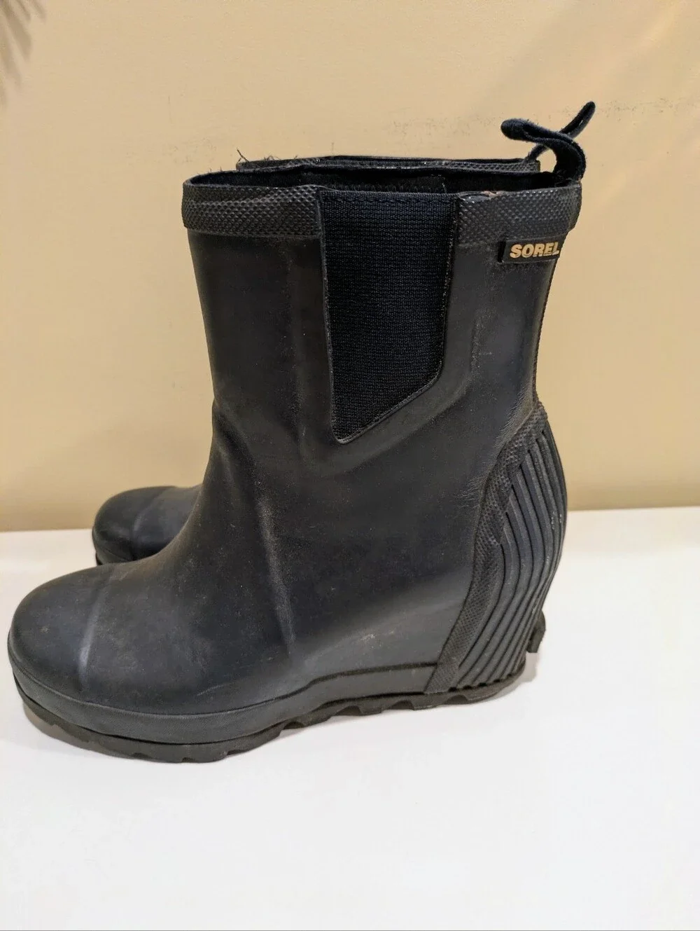 Sorel Boots Joan Rain Wedge Chelsea Ankle Bootie Navy Rubber Size 8